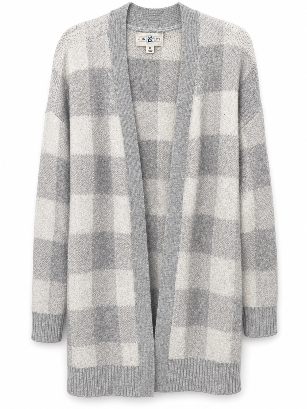 Cozy Gray & White Buffalo Plaid Open Cardigan Sweater